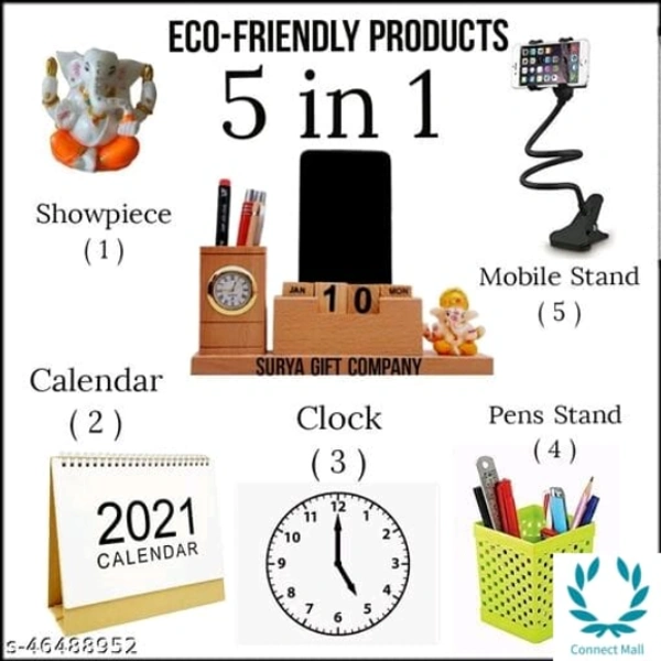 Graceful Wooden 5 In 1 Desk Organizer With Multi Holder - Pen Holders, Calender, Clock, Mobile Holder And Small Ganesh Idol  - Wooden, Ganesh Idol, 1 Piece